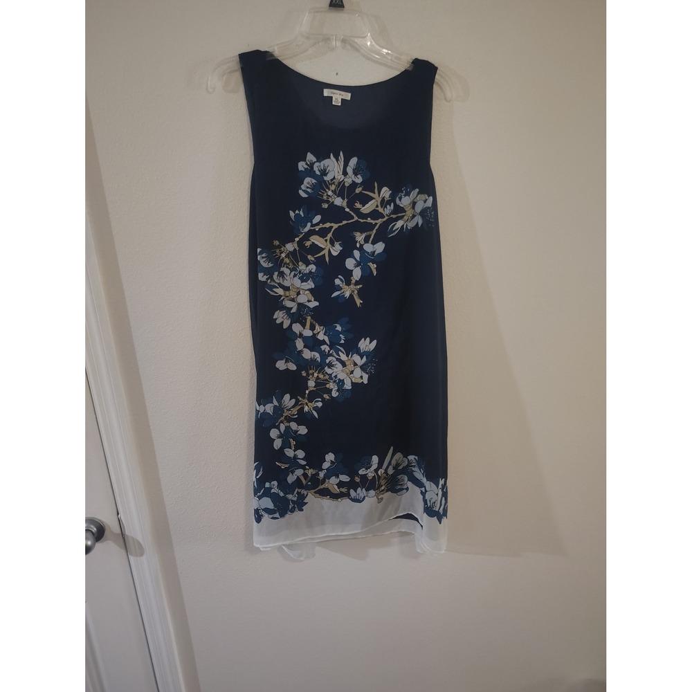 Sophie Max Womens XL Navy Blue Floral Chiffon Sleeveless Shift Dress Knee Length